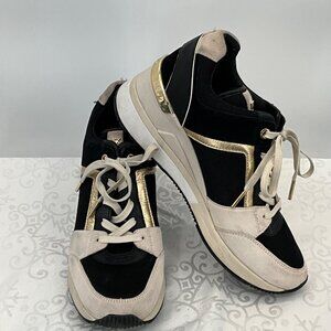 Michael Kors Georgie Women's 9M Lace-Up Sneakers Black Gold & Beige Leather/Text
